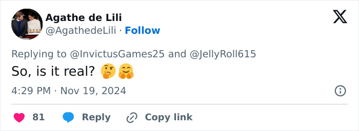 Tweet questioning the authenticity of Prince Harry's neck tattoo by Jelly Roll, with reply icons visible. Tweet questioning the authenticity of Prince Harry's neck tattoo by Jelly Roll, with reply icons visible.