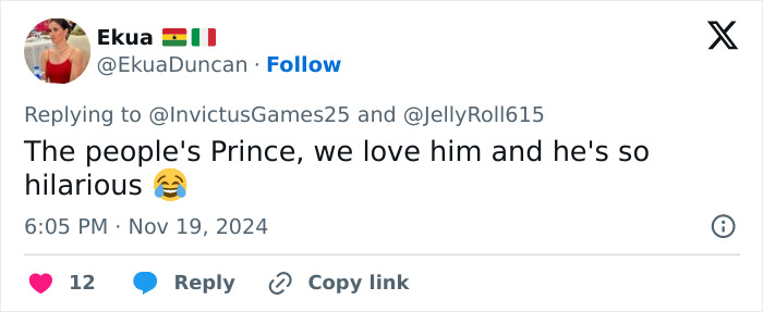 Tweet praising Prince Harry as hilarious, shared by user EkuaDuncan on November 19, 2024. Tweet praising Prince Harry as hilarious, shared by user EkuaDuncan on November 19, 2024.