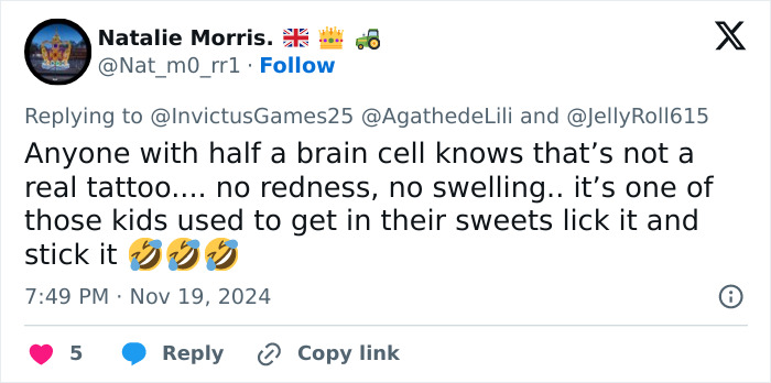 Tweet criticizing Prince Harry for his supposed fake tattoo from Jelly Roll, questioning its authenticity. Tweet criticizing Prince Harry for his supposed fake tattoo from Jelly Roll, questioning its authenticity.