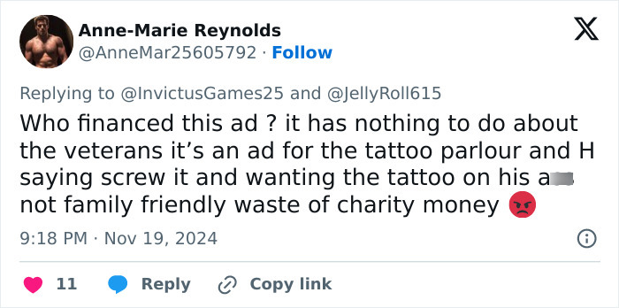 Tweet criticizing neck tattoo video featuring Prince Harry and Jelly Roll, mentioning finance concerns and charity money. Tweet criticizing neck tattoo video featuring Prince Harry and Jelly Roll, mentioning finance concerns and charity money.