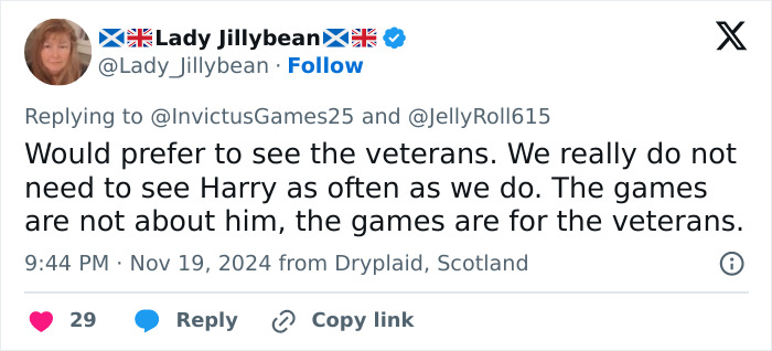 Tweet criticizing Prince Harry's appearances at veteran-focused events. Tweet criticizing Prince Harry's appearances at veteran-focused events.