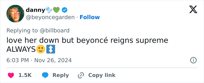 Tweet stating, "love her down but beyoncé reigns supreme ALWAYS," in response to Billboard popstar ranking. Tweet stating, "love her down but beyoncé reigns supreme ALWAYS," in response to Billboard popstar ranking.