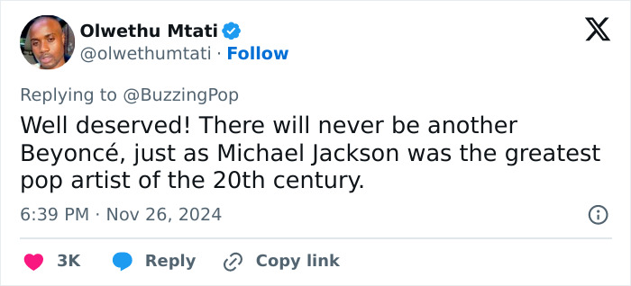 Tweet about Billboard popstar ranking with user expressing support, mentioning Beyoncé and Michael Jackson. Tweet about Billboard popstar ranking with user expressing support, mentioning Beyoncé and Michael Jackson.