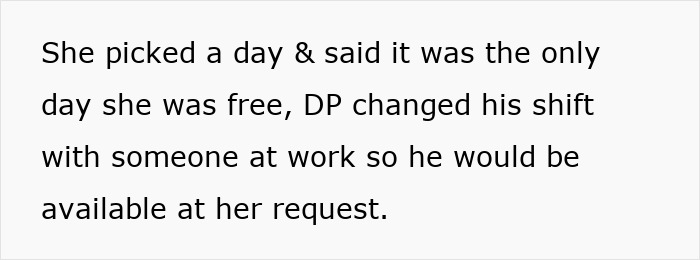 Text about scheduling conflict due to lady's mistreatment, causing shifts to be changed. Text about scheduling conflict due to lady's mistreatment, causing shifts to be changed.