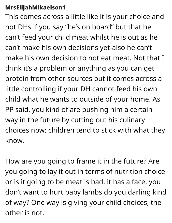 Forum post discussing a vegetarian mom's concerns about family feeding her baby meat. Forum post discussing a vegetarian mom's concerns about family feeding her baby meat.