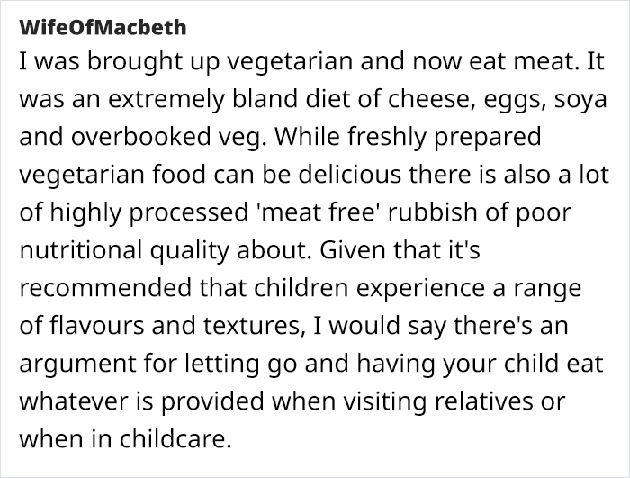 Screenshot of a comment discussing vegetarian upbringing and feeding children meat for diverse flavors. Screenshot of a comment discussing vegetarian upbringing and feeding children meat for diverse flavors.