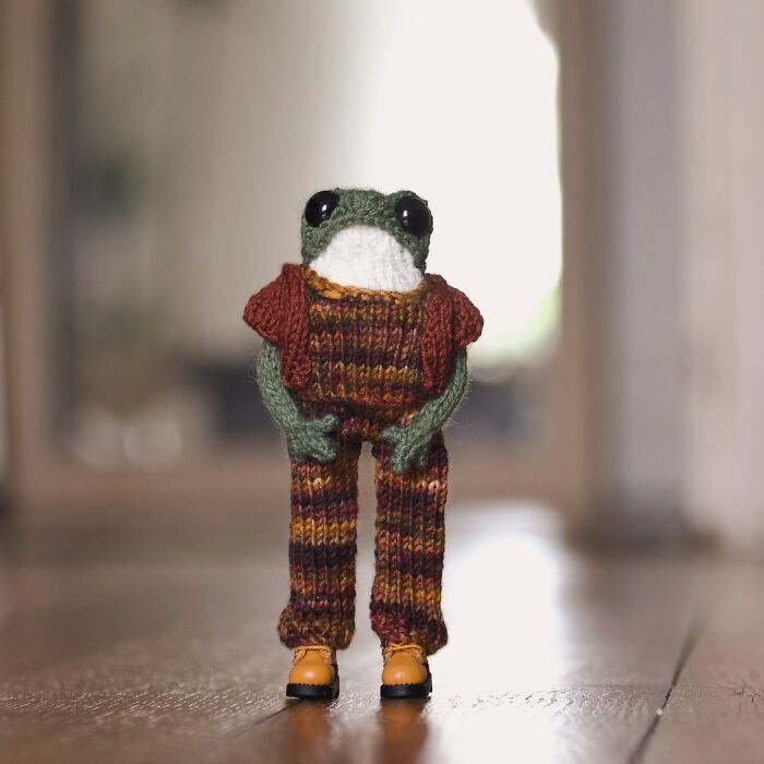 Knitted miniature frog in a colorful outfit with tiny boots, standing on a wooden floor.