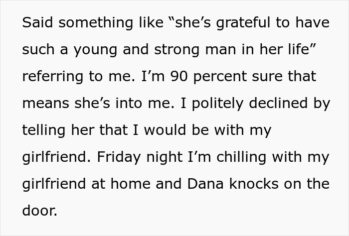 Text describing a situation involving HOA president interacting with a new resident and his girlfriend. Text describing a situation involving HOA president interacting with a new resident and his girlfriend.