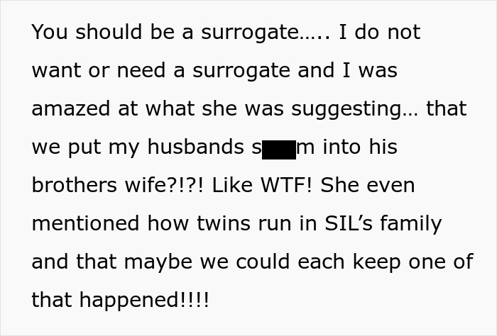 Text of a shocked woman's response to her mother-in-law's suggestion regarding surrogacy. Text of a shocked woman's response to her mother-in-law's suggestion regarding surrogacy.
