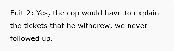 Text about cop explaining withdrawn tickets without follow-up. Text about cop explaining withdrawn tickets without follow-up.