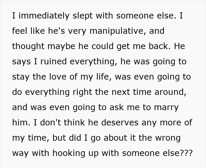 Text image about a woman's feelings and doubts after a hookup ending a long relationship. Text image about a woman's feelings and doubts after a hookup ending a long relationship.