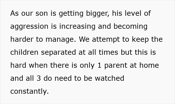 Text image discussing challenges of managing autistic son's increasing aggression at home with siblings. Text image discussing challenges of managing autistic son's increasing aggression at home with siblings.