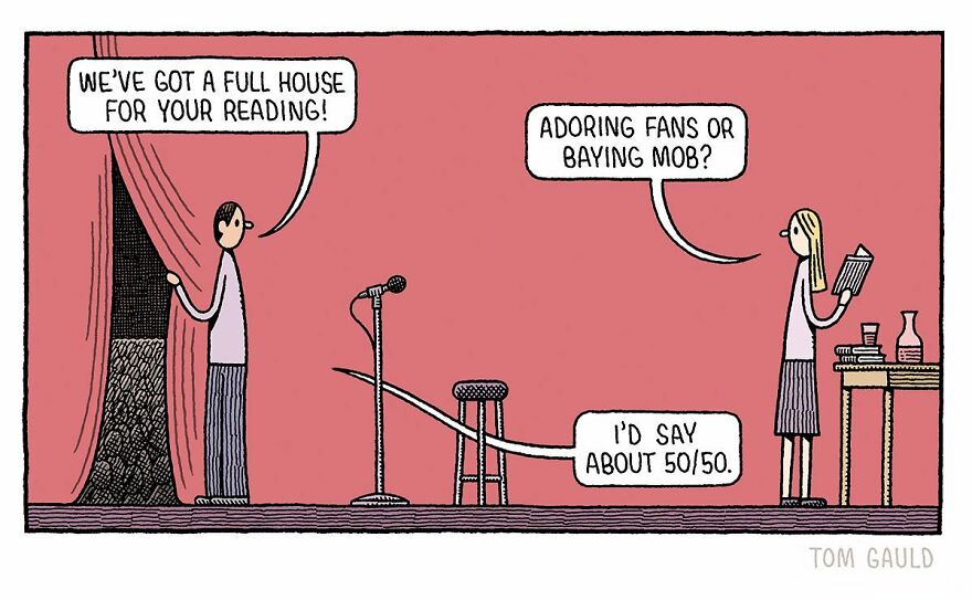 Comic by Tom Gauld with two characters discussing a full house for a book reading, combining humor and literary themes.