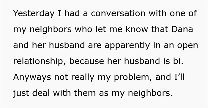 Text message about neighbor gossip involving an open relationship due to bisexuality. Text message about neighbor gossip involving an open relationship due to bisexuality.