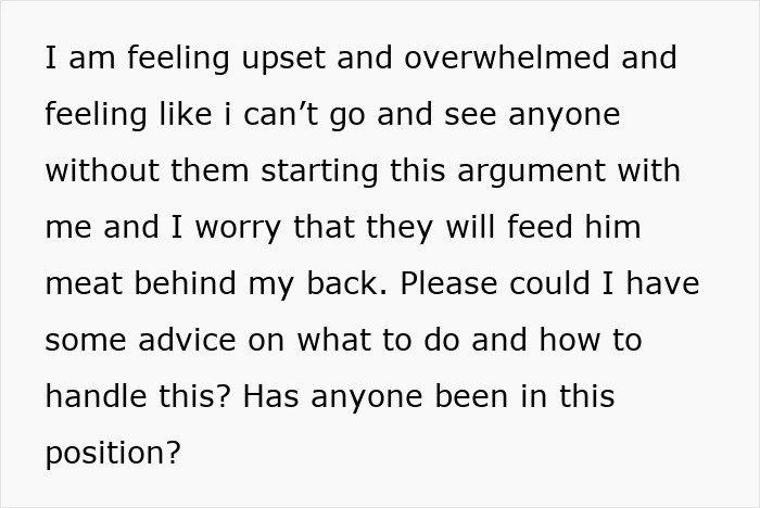 Text describing a vegetarian mom's concerns about family feeding her baby meat without her consent, seeking advice. Text describing a vegetarian mom's concerns about family feeding her baby meat without her consent, seeking advice.