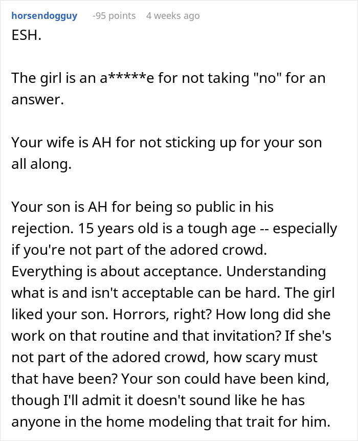 Text discussing dad supporting son in family drama situation involving rejection. Text discussing dad supporting son in family drama situation involving rejection.