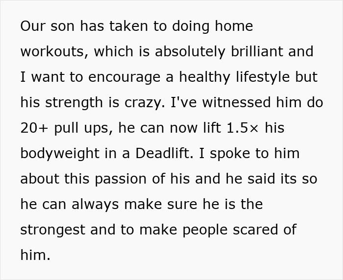 Text describing son's home workouts and impressive strength gains. Text describing son's home workouts and impressive strength gains.