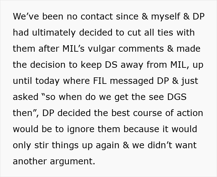 Text message about family conflict, mentioning spouse's decision to ban MIL from seeing grandkid due to rude behavior. Text message about family conflict, mentioning spouse's decision to ban MIL from seeing grandkid due to rude behavior.
