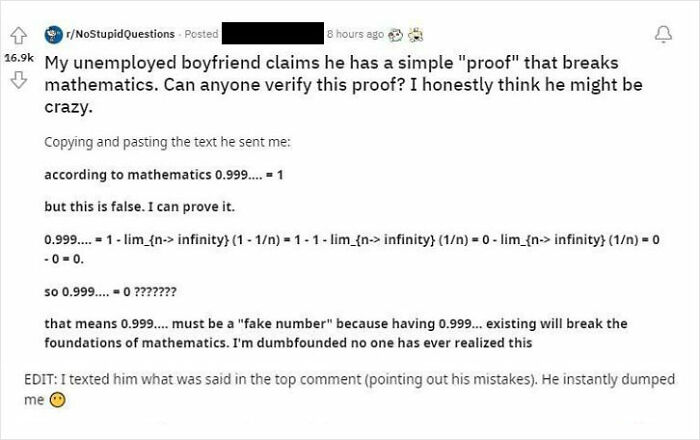 Reddit post of an overly confident person incorrectly proving 0.999... does not equal 1, leading to humor and confusion.