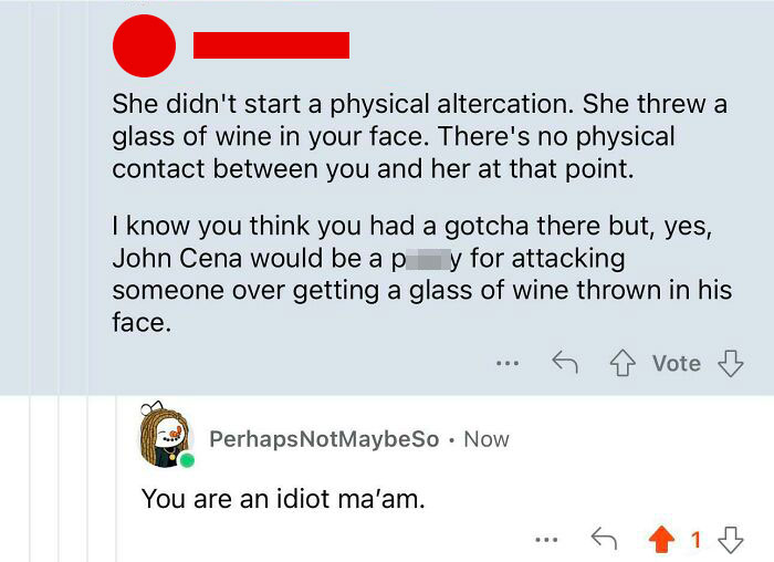 Overly confident incorrect people arguing about physical altercation online.