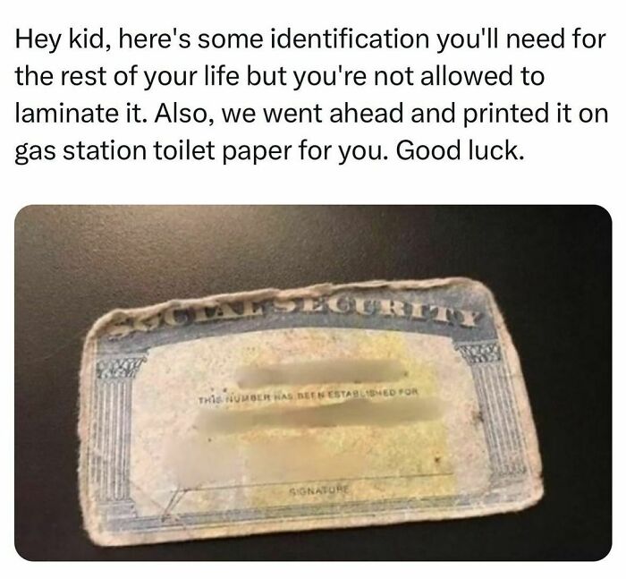 Old Social Security card meme, humorously compared to fragile paper, highlighting men's humor.