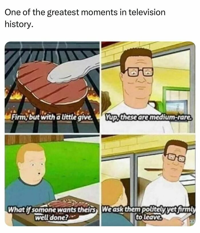 Cartoon meme illustrating humorous men's dialogue about grilling steaks.