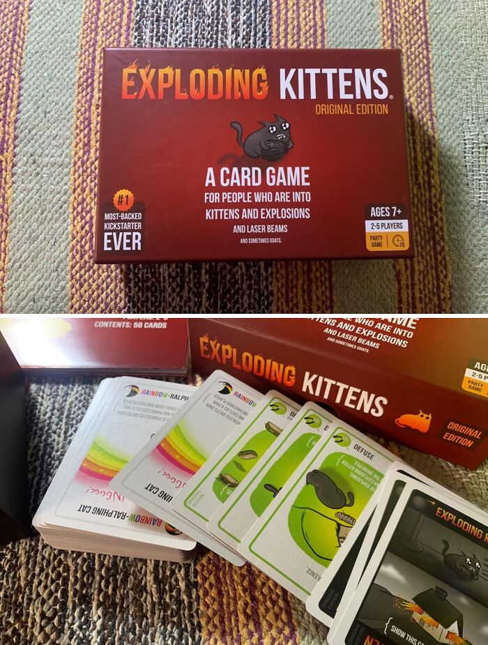 Exploding Kittens card game box and cards displayed, a compact and straightforward game loved by many players.