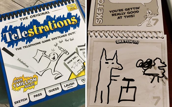Telestrations board game with sketches highlighting compact and straightforward games to enjoy with friends.