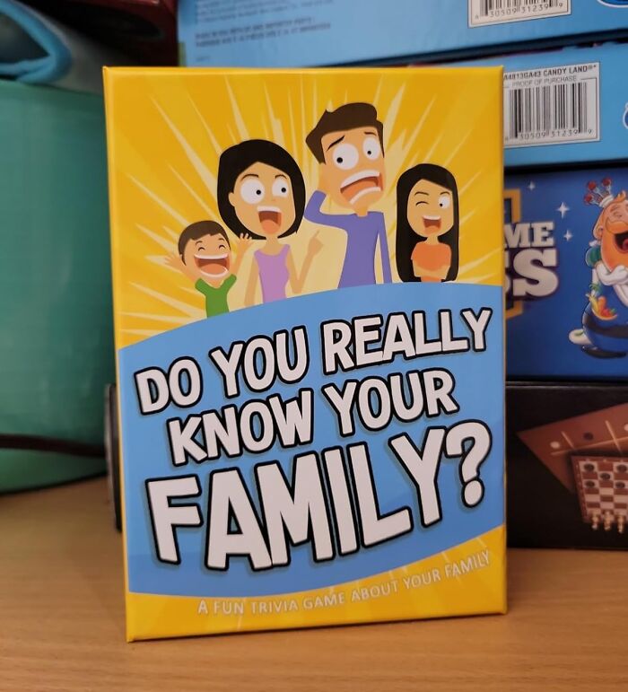 Compact and straightforward trivia game titled Do You Really Know Your Family with animated characters on a yellow and blue box.