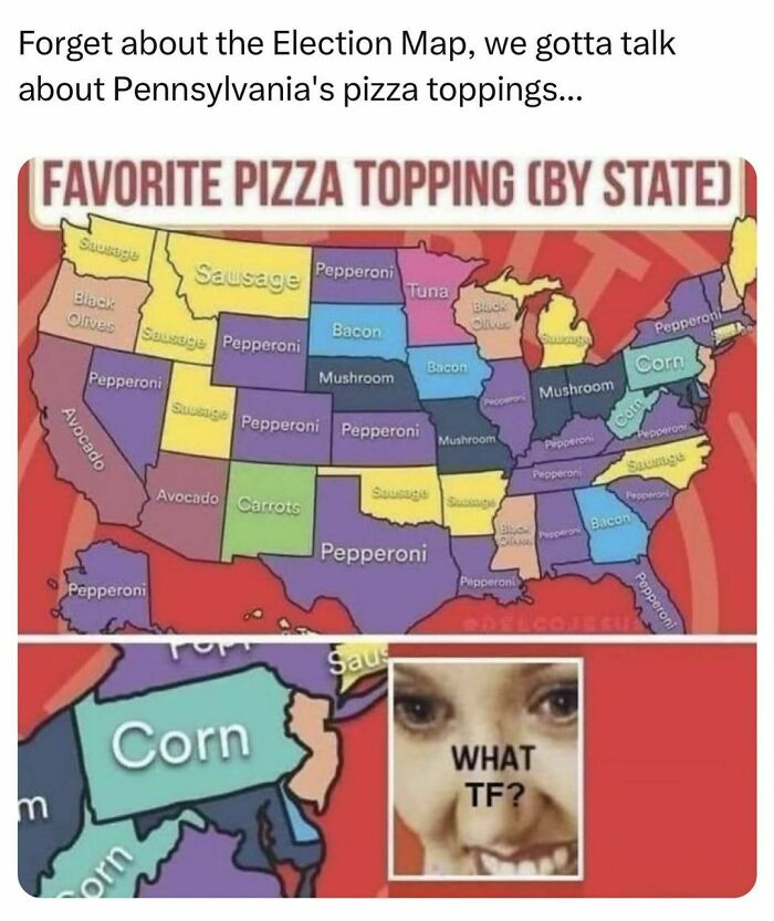 Map of U.S. pizza toppings by state with Pennsylvania marked as corn; includes a humorous face reacting.