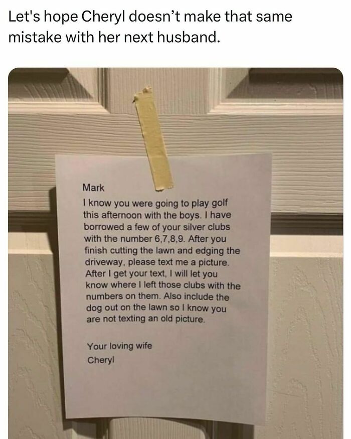 Humorous note taped to door joking about men's humor with golf clubs and chores.