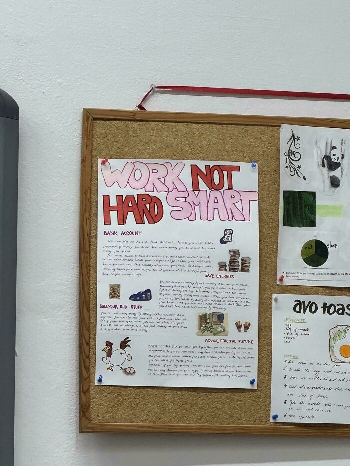 Sign fail with mixed message: “Work Not Hard Smart” on a bulletin board.
