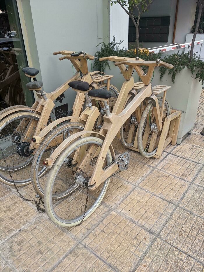 Hotel I Stayed At In Greece Had Wooden Bikes For Guests To Use