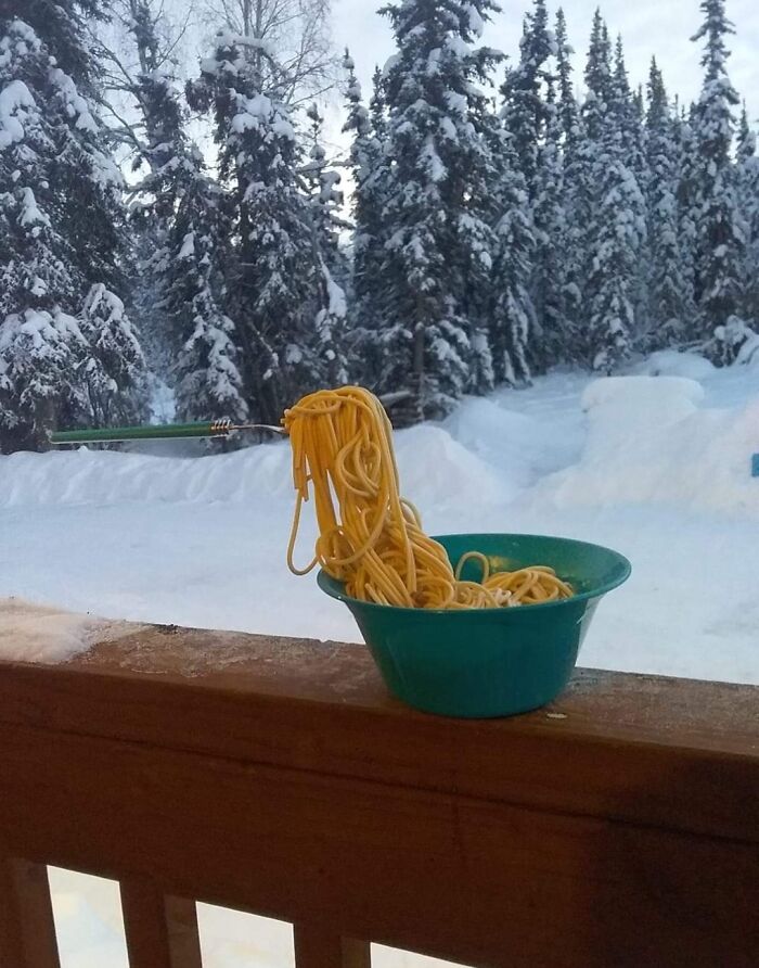 Bowl of frozen spaghetti on a porch during an ice-cold winter, with snow-covered trees in the background.
