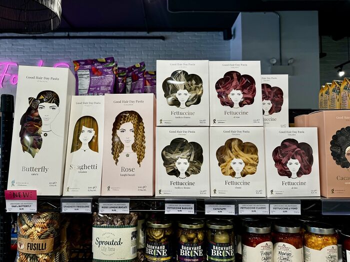 Creative pasta packaging design resembling hairstyles on display attracts attention.