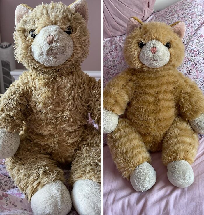Before and after cleaning pictures of a stuffed cat, showing a transformation from dirty and matted to clean and fluffy. Before and after cleaning pictures of a stuffed cat, showing a transformation from dirty and matted to clean and fluffy.