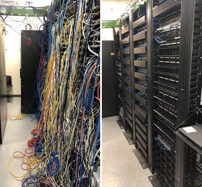 Before-after cleaning pictures of server room cables, showing disorderly wires then organized and clean racks. Before-after cleaning pictures of server room cables, showing disorderly wires then organized and clean racks.