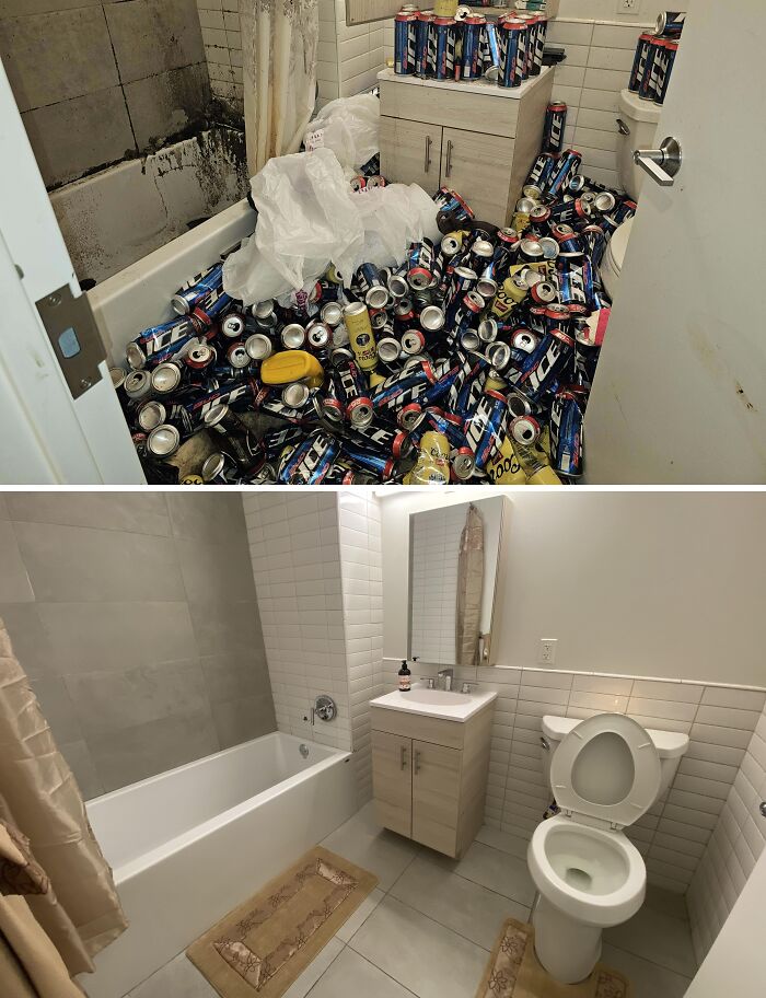 Before-after-cleaning-pictures of a bathroom; cluttered with cans and trash, then spotless and organized. Before-after-cleaning-pictures of a bathroom; cluttered with cans and trash, then spotless and organized.