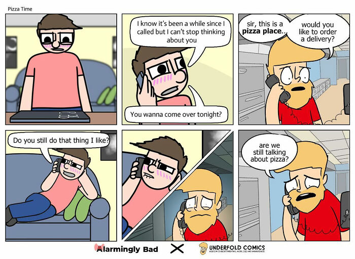 Alarmingly Bad comic with humorous twist, featuring a phone call misunderstanding at a pizza place.