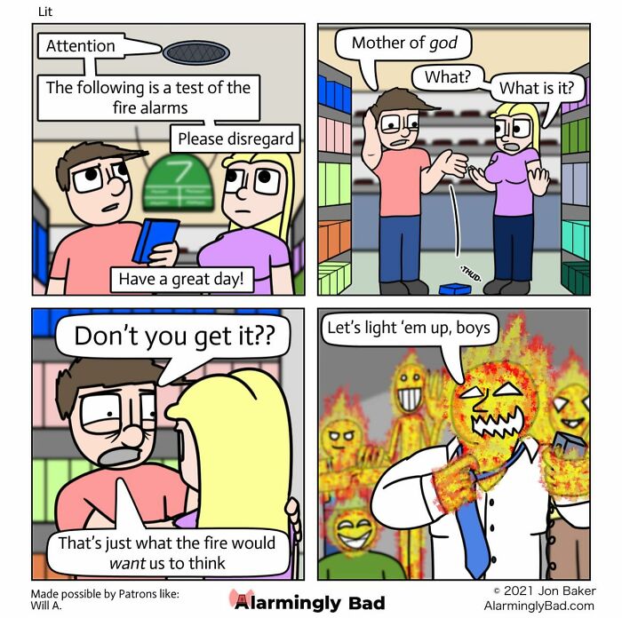 Humorous comic by Jon Baker with unexpected fire alarm twist, featuring animated characters in a store setting.
