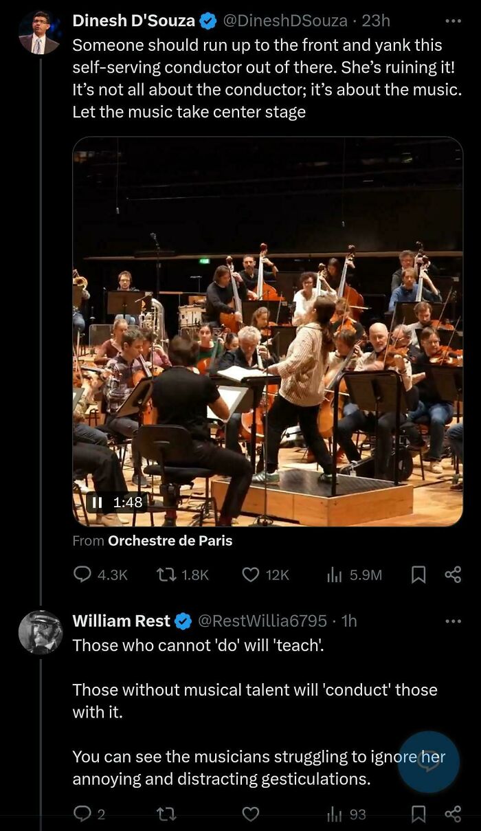 Tweet exchange roasting a self-serving conductor during an orchestra rehearsal in a confident online group roast.