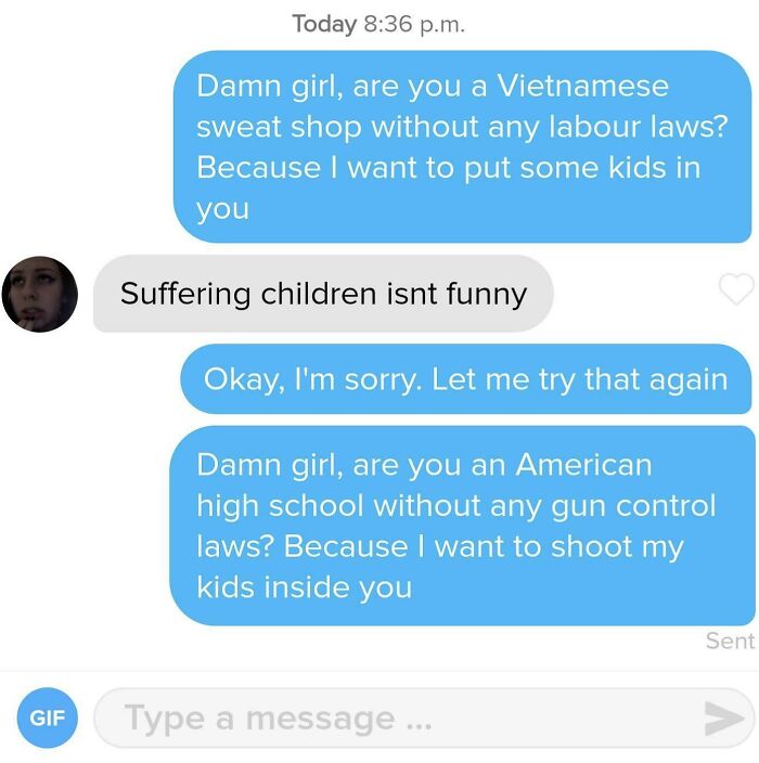Humorous Tinder post with two awkward pickup lines and an apology in a chat exchange.