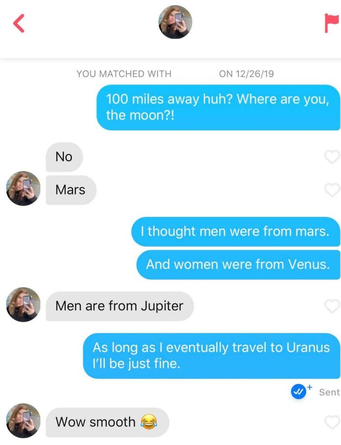 Humorous Tinder conversation about distance and planets with a witty exchange.