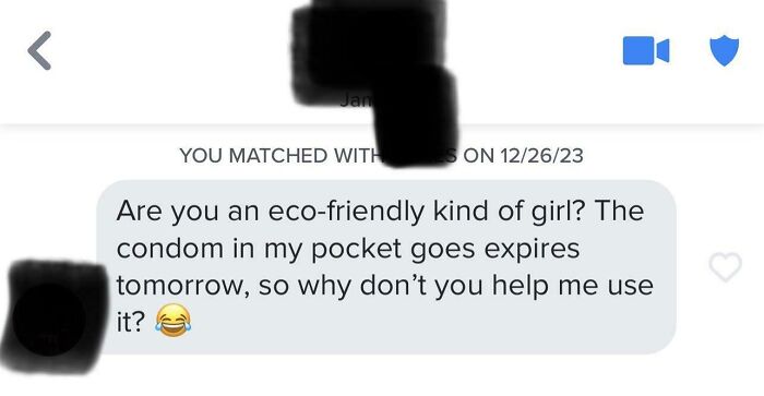 Humorous Tinder post with eco-friendly joke about expired c****m, featuring a laughing emoji.
