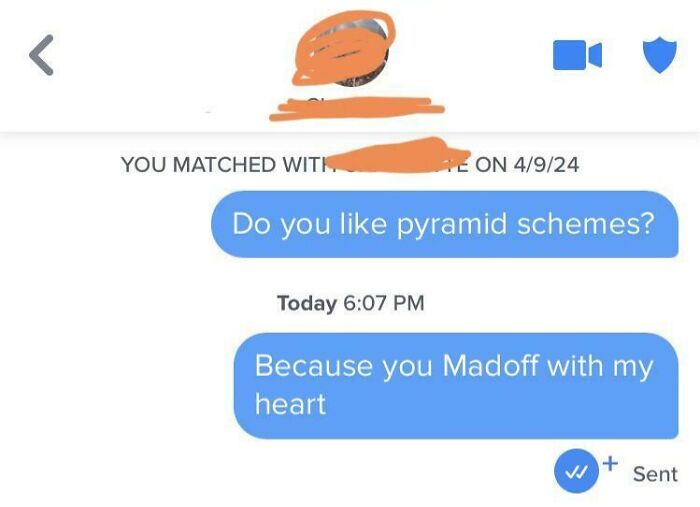 Chat exchange showcasing a humorous Tinder post with a pyramid scheme joke.