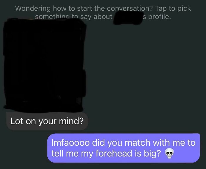 Screenshot of a humorous Tinder post with a funny conversation about foreheads.