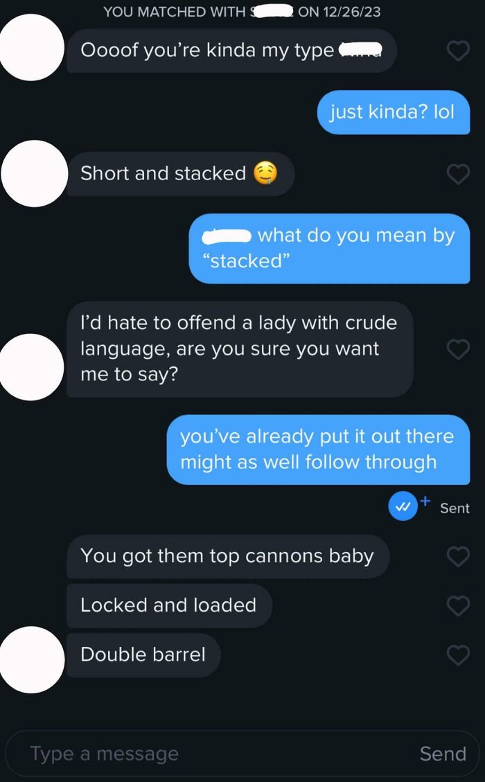 Humorous Tinder chat discussing appearance with playful language.