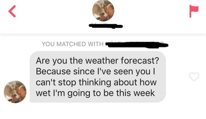 Humorous Tinder post featuring a playful weather-themed pickup line in a chat exchange.