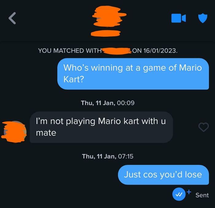 Humorous Tinder post featuring a playful conversation about Mario Kart.