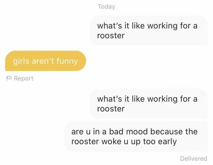 Humorous Tinder post with a conversation about roosters, showcasing playful banter and wit.